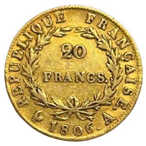 L'inscription 20 FRANCS dans une couronne formée de deux branches de laurier.