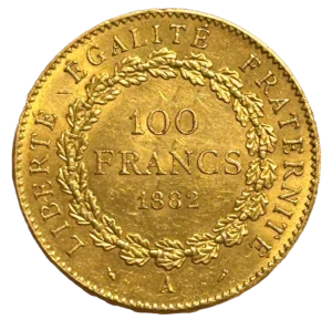 L'inscription 100 francs 1882 entourée d'une couronne de laurier.