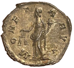 Moneta, tournée à gauche, tenant une balance et une corne d'abondance.