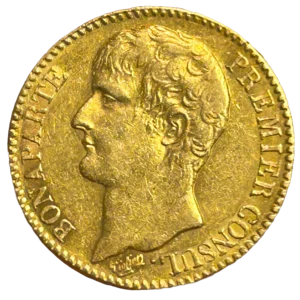 Tête de Napoléon Bonaparte, premier consul, à gauche.