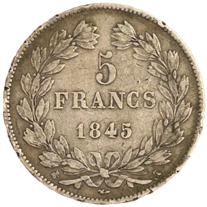 5 francs 1845 dans une couronne de laurier.