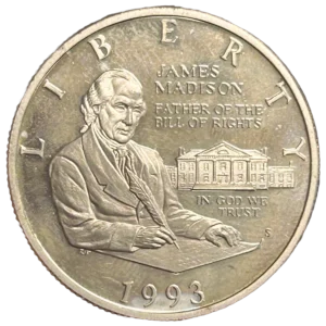 James Madison rédigeant la Déclaration des droits. Montpelier, sa résidence en Virginie, est représentée à l'arrière-plan.