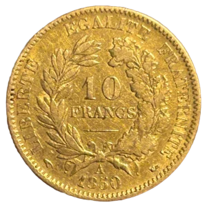 10 FRANCS en deux lignes dans une couronne formée d'une branche de laurier et d'une branche de chêne.