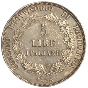 "5 lire italiane" dans une couronne de chêne et de laurier.