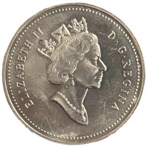 Tête couronnée et voilée de la reine Élizabeth II à droite.