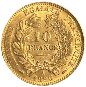 10 FRANCS en deux lignes dans une couronne formée d'une branche de laurier et d'une branche de chêne.
