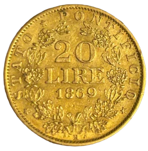 20 lire 1869 dans une couronne végétale.