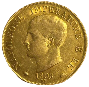 Tête nue de Napoléon Ier à gauche.