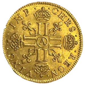 Croix faite de L couronnés et séparé de lis. A en son centre.