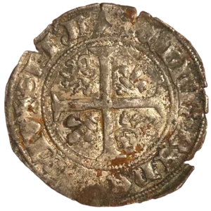 Croix cantonnée aux 1 et 4 d'un lis, aux 2 et 3 d'un lion.