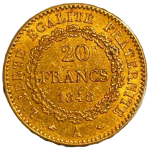 L'inscription 20 francs dans une couronne de chêne fermée.