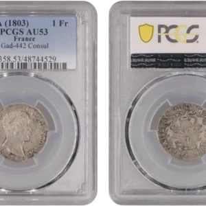 Tête nue de Napoléon Bonaparte à droite.