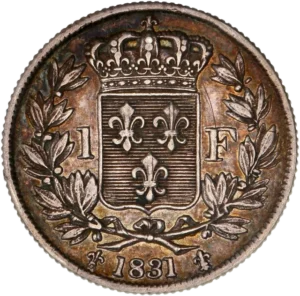 Ecu de France couronné entouré d'une couronne de laurier.