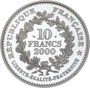 10 Francs 2000 dans une couronne de lauriers entourée de la devise de la France et République française.