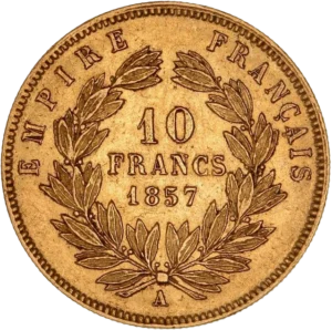 10 francs 1857 dans une couronne de laurier.