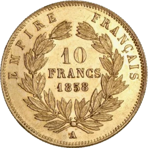 10 francs 1858 dans une couronne de laurier.