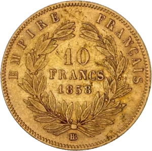 10 francs 1858 dans une couronne de laurier.