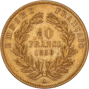 10 francs 1859 dans une couronne de laurier.