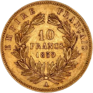 10 francs 1859 dans une couronne de laurier.