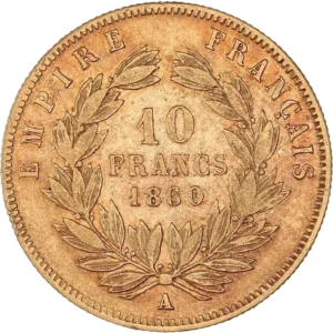 10 francs 1860 dans une couronne de laurier.