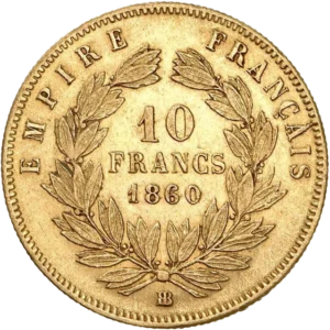 10 francs 1860 dans une couronne de laurier.