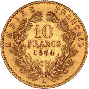 10 francs 1864 dans une couronne de laurier.