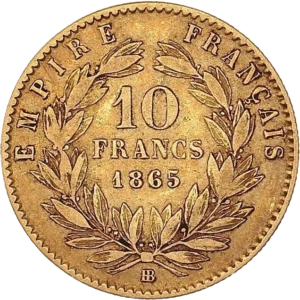 L'inscription 10 francs 1865 entourée d'une couronne de laurier.
