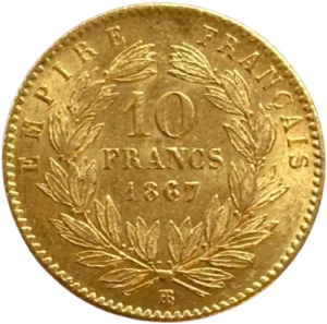 10 francs 1867 dans une couronne de laurier.
