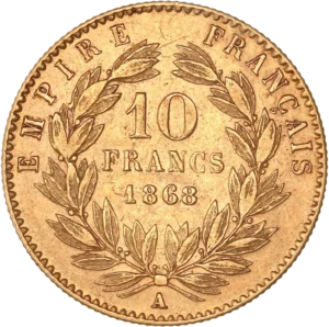 10 francs 1868 dans une couronne de laurier.