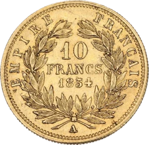 L'inscription 10 francs 1854 entourée d'une couronne de laurier.