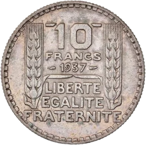 Inscription "10 francs 1937, Liberté, égalité, fraternité" entre deux épis de blé.