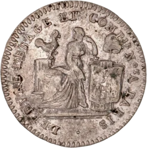 La Liberté assise à gauche, appuyée sur un faisceau surmonté d'une pique et d'un bonnet phrygien. A ses cotés, La déclaration des droits de l'homme et du citoyen.