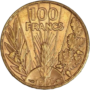 Au-dessus d'un globe d'où sortent un épi, une branche d'olivier et une branche de chêne.