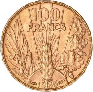 Au-dessus d'un globe d'où sortent un épi, une branche d'olivier et une branche de chêne.