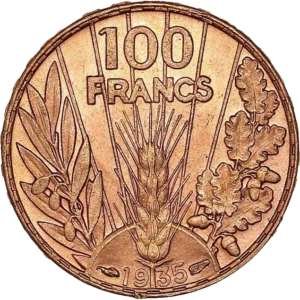 Au-dessus d'un globe d'où sortent un épi, une branche d'olivier et une branche de chêne.