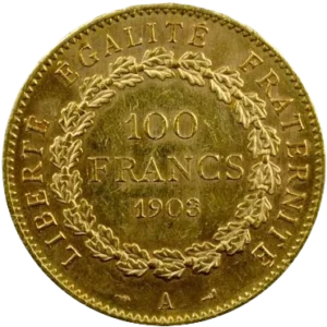 L'inscription 100 francs 1903 dans une couronne de chêne.