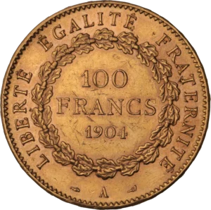 L'inscription 100 francs 1904 dans une couronne de chêne.