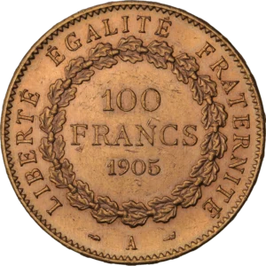 L'inscription 100 francs 1905 dans une couronne de chêne.