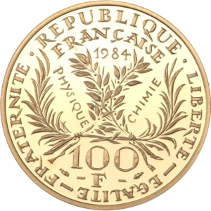 Deux couronnes mêlées célébrant les deux prix Nobel de Physique et Chimie.