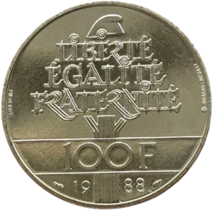 Bonnet phrygien surmontant la devise de la France disposée tel le feuillage d'un chêne.