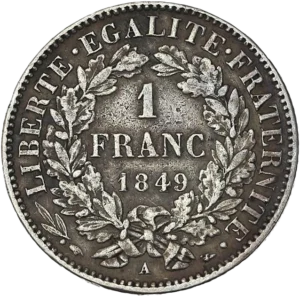 L'inscription "1 franc 1849" dans une couronne végétale.