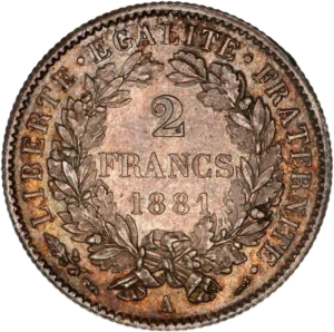 2 francs dans une couronne de lauriers.