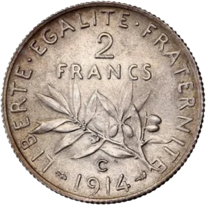 2 francs au dessus d'une branche d'olivier.