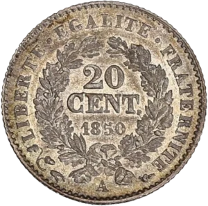 l'inscription "20 cent 1850" dans une couronne végétale.