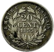 L'inscription "20 cent 1853" entouré d'une couronne de laurier.