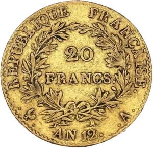 L'inscription 20 FRANCS dans une couronne formée de deux branches de laurier.