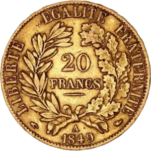 20 francs dans une couronne de laurier et de chêne.