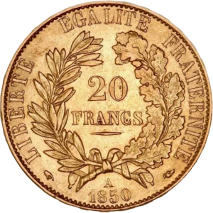 20 francs dans une couronne de laurier et de chêne.