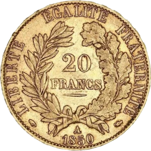 20 francs dans une couronne de laurier et de chêne.