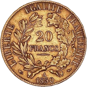 20 francs dans une couronne de laurier et de chêne.